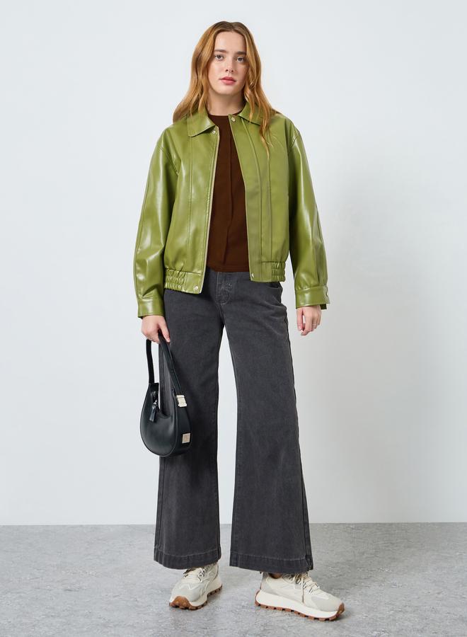 Take Two Women Olive Green Zip Up Faux Leather Jacket - Image 2